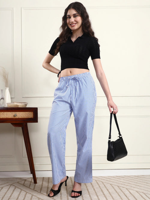 Women’s Blue & White Vertical Striped Comfort Fit Trousers