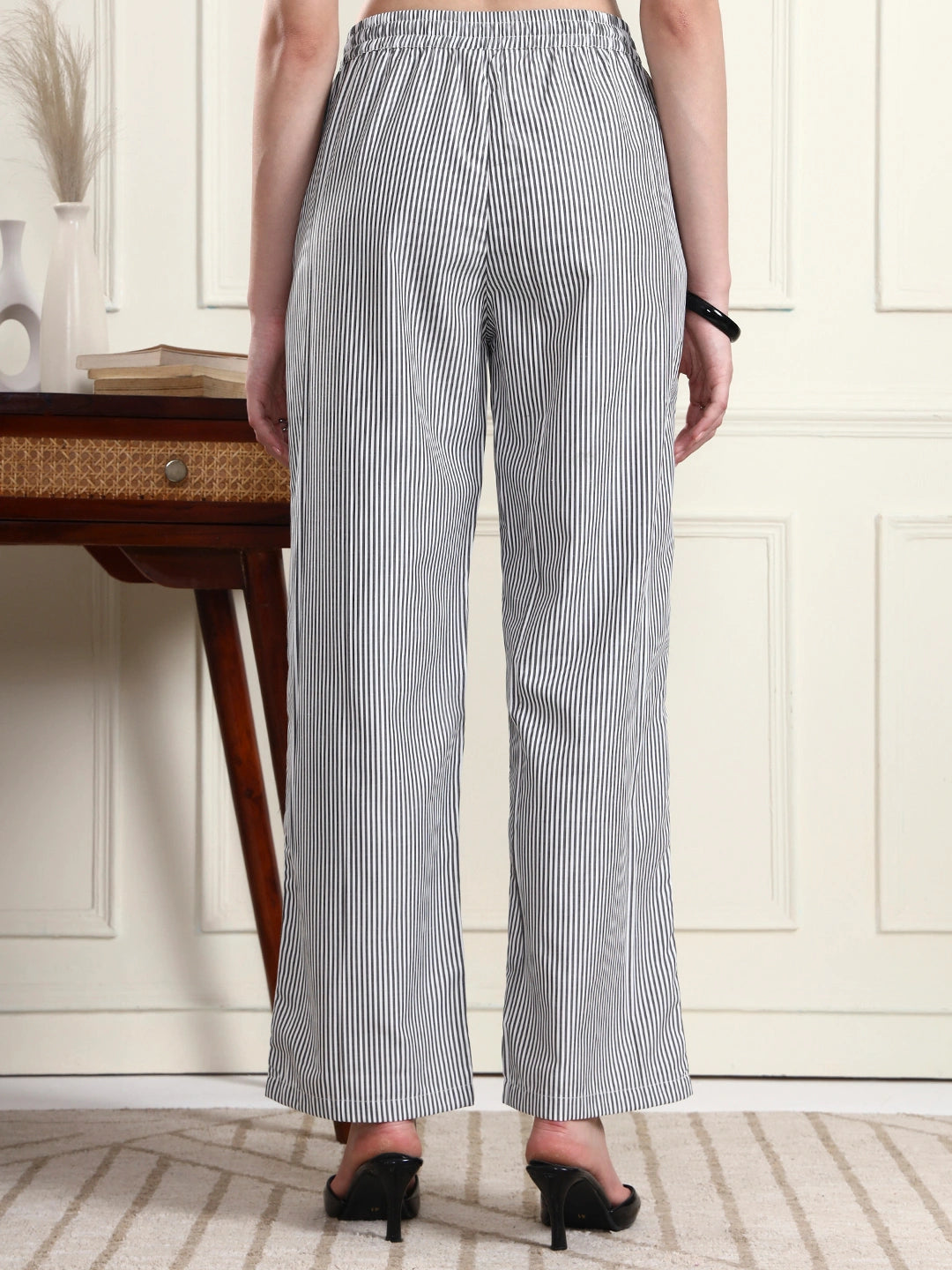 Women Black & White Striped Wide-Leg Trousers