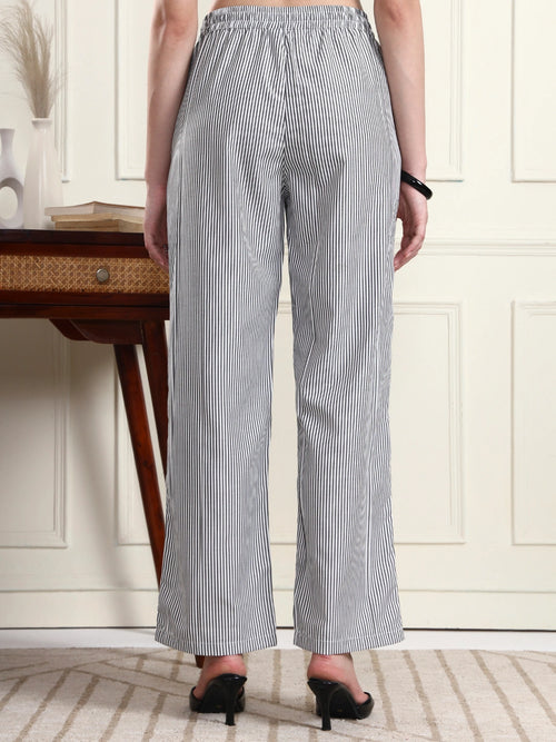 Women Black & White Striped Wide-Leg Trousers
