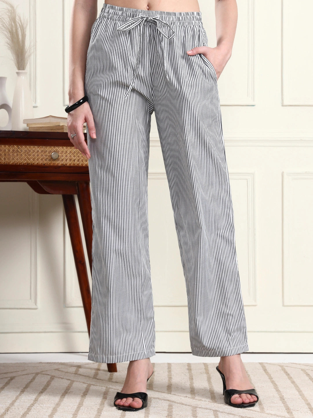 Women Black & White Striped Wide-Leg Trousers