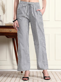 Women Black & White Striped Wide-Leg Trousers