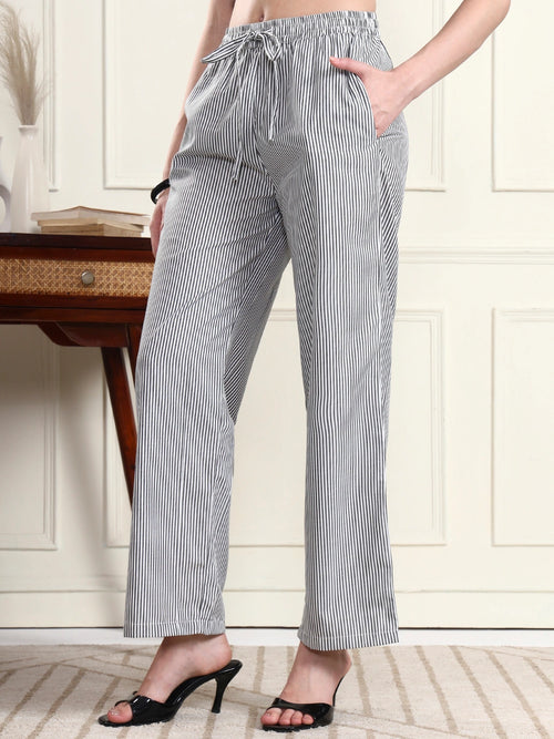 Women Black & White Striped Wide-Leg Trousers