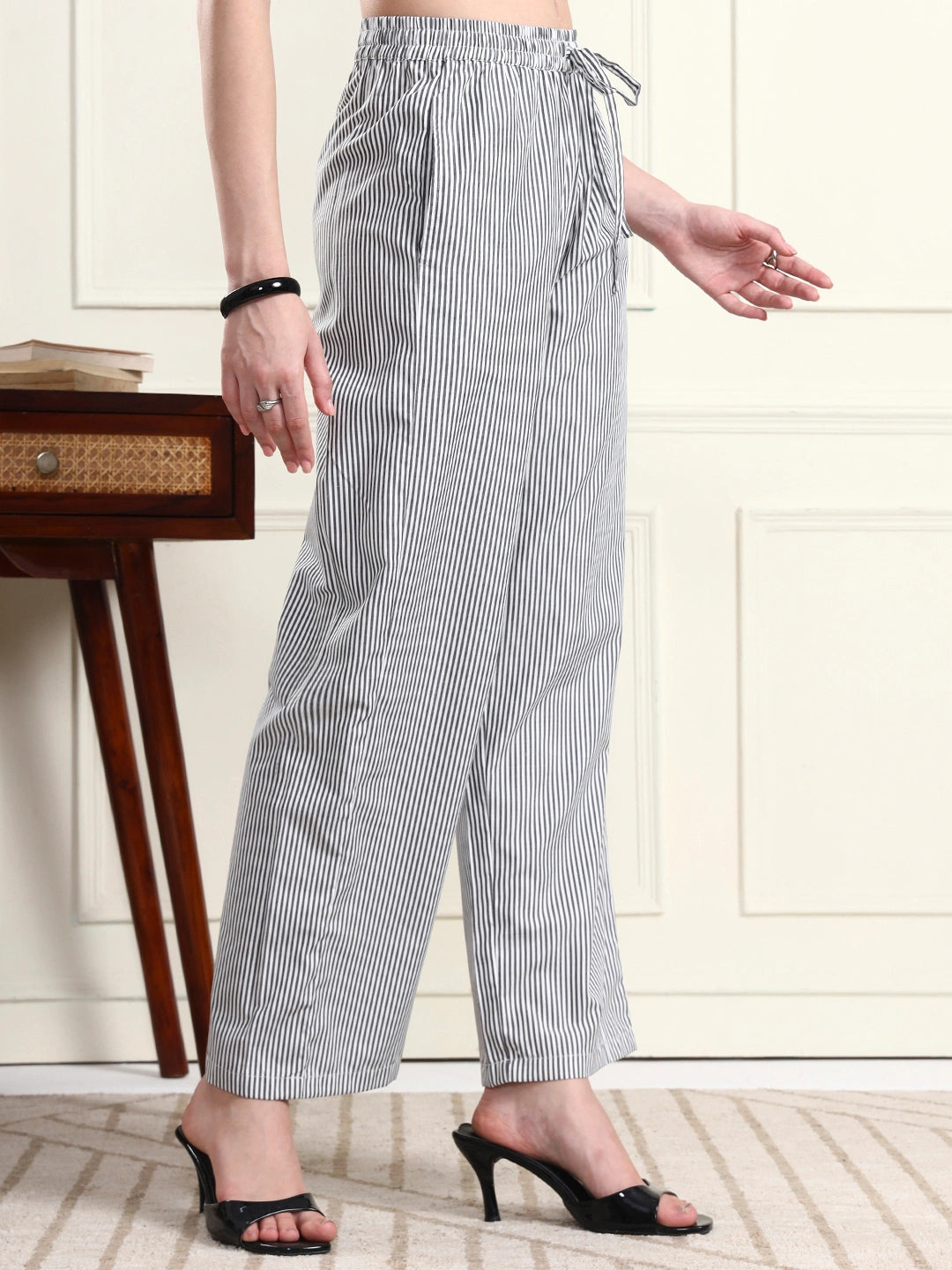 Women Black & White Striped Wide-Leg Trousers