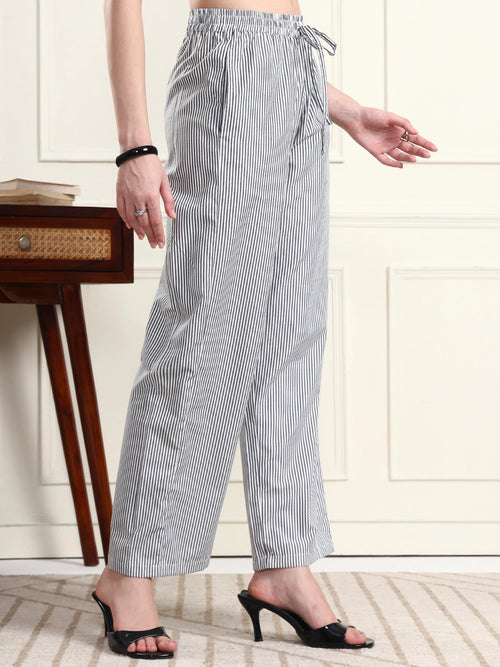 Women Black & White Striped Wide-Leg Trousers