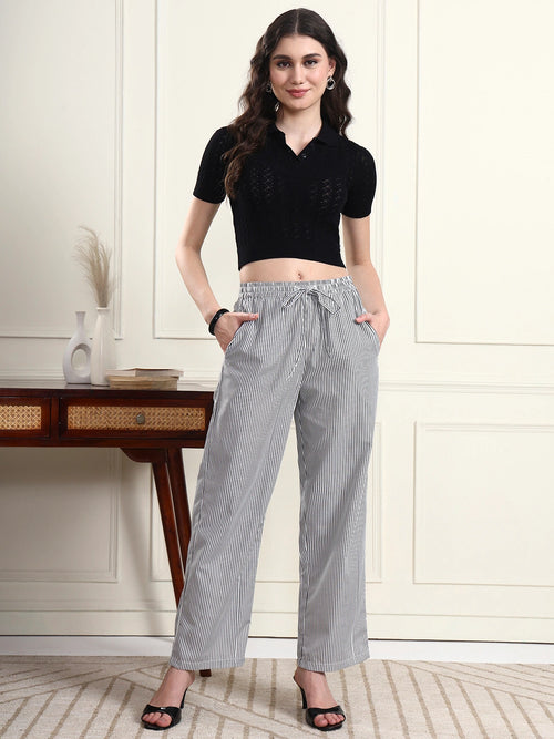 Women Black & White Striped Wide-Leg Trousers