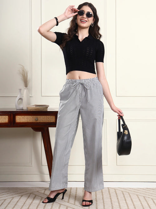 Women Black & White Striped Wide-Leg Trousers