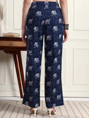 Women’s Navy Blue Elephant Print Wide Leg Trousers