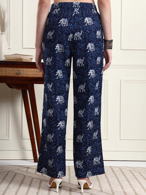 Women’s Navy Blue Elephant Print Wide Leg Trousers