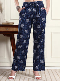 Women’s Navy Blue Elephant Print Wide Leg Trousers