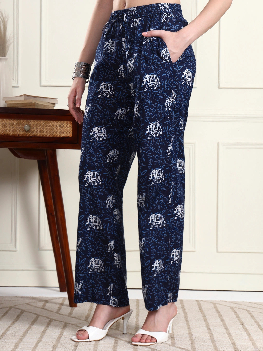 Women’s Navy Blue Elephant Print Wide Leg Trousers