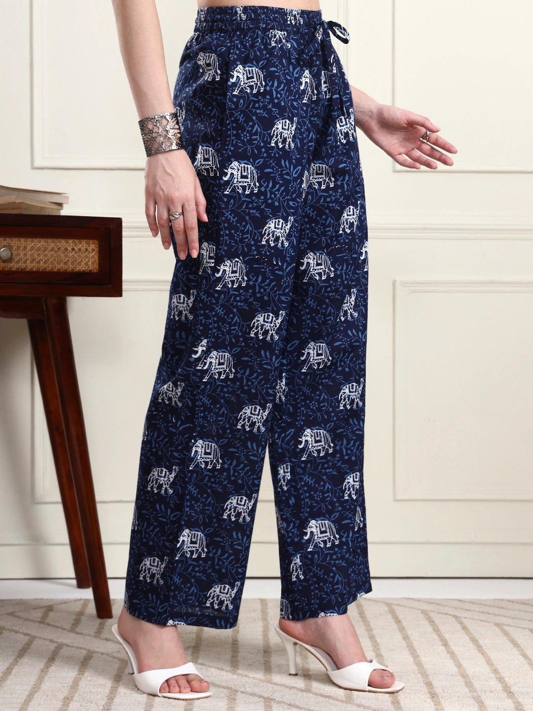 Women’s Navy Blue Elephant Print Wide Leg Trousers