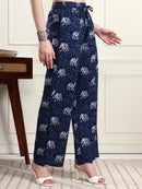 Women’s Navy Blue Elephant Print Wide Leg Trousers