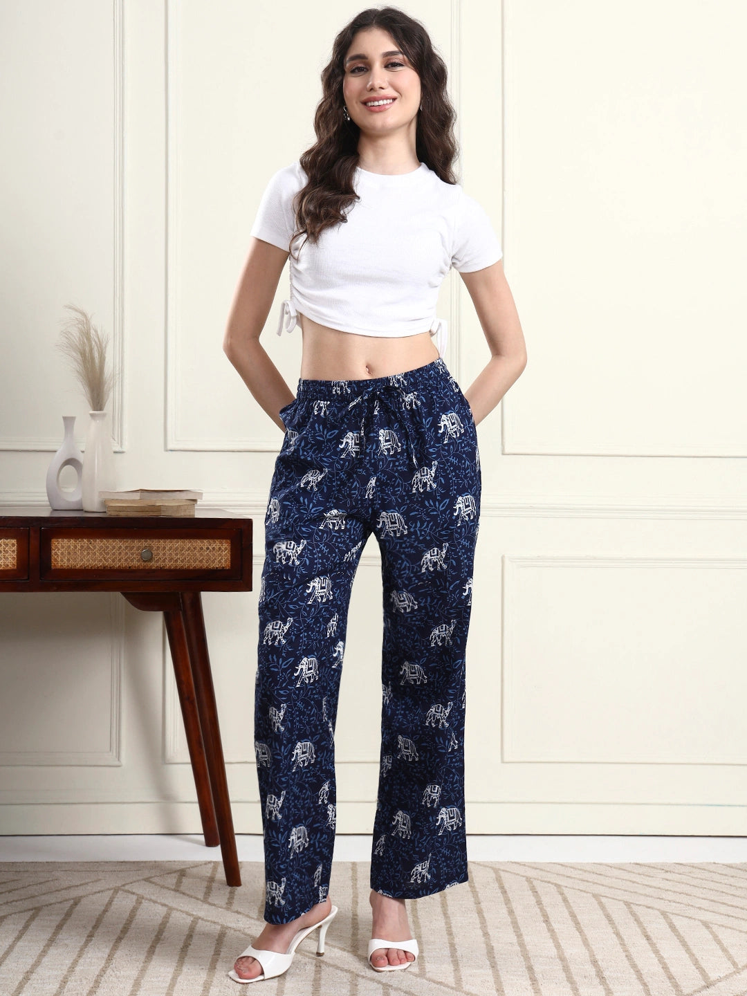 Women’s Navy Blue Elephant Print Wide Leg Trousers