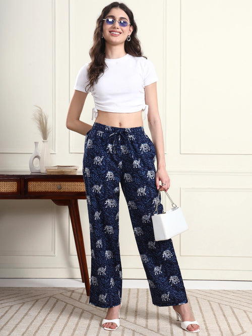 Women’s Navy Blue Elephant Print Wide Leg Trousers