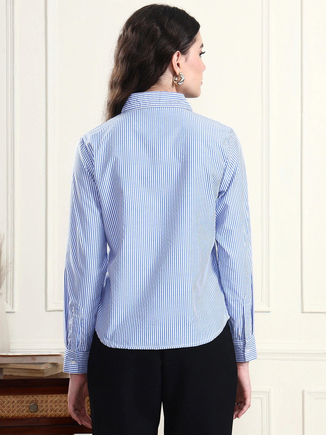 Women Blue Striped Spread Collar Patch Pocket Shirt