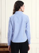 Women Blue Striped Spread Collar Patch Pocket Shirt