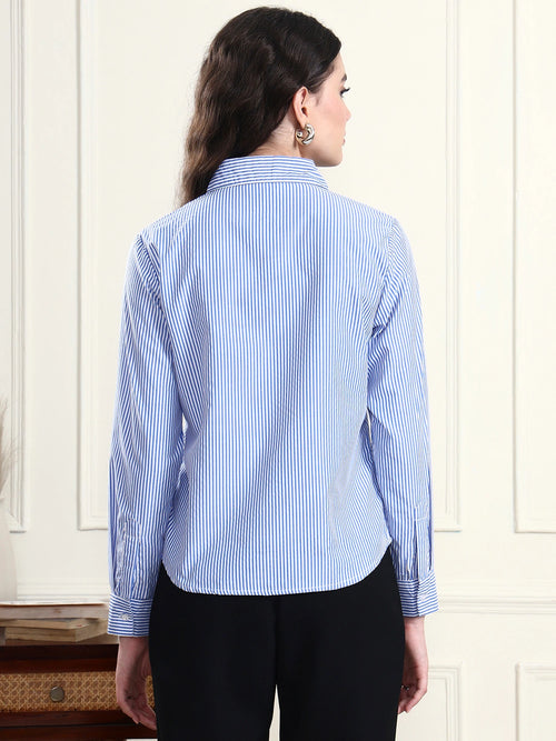 Women Blue Striped Spread Collar Patch Pocket Shirt