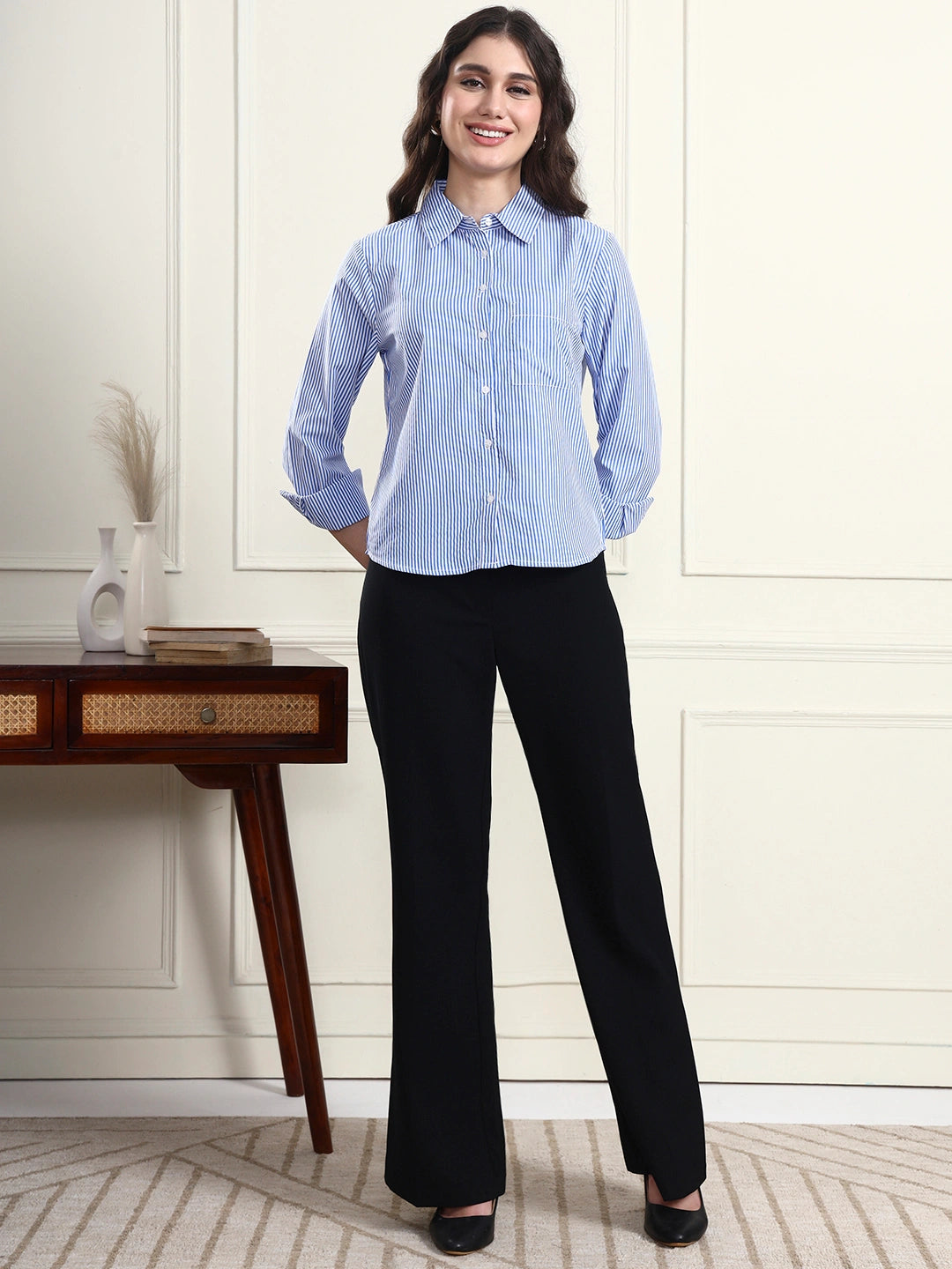 Women Blue Striped Spread Collar Patch Pocket Shirt