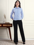 Women Blue Striped Spread Collar Patch Pocket Shirt