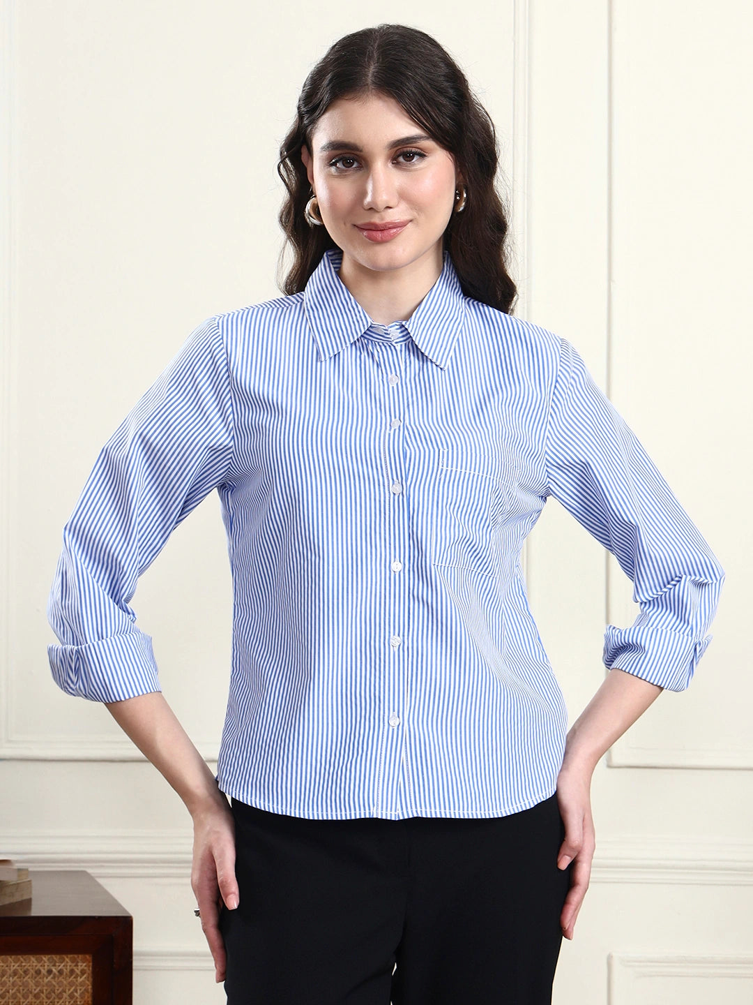 Women Blue Striped Spread Collar Patch Pocket Shirt