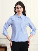 Women Blue Striped Spread Collar Patch Pocket Shirt