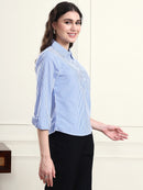 Women Blue Striped Spread Collar Patch Pocket Shirt