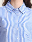 Women Blue Striped Spread Collar Patch Pocket Shirt