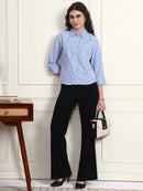 Women Blue Striped Spread Collar Patch Pocket Shirt