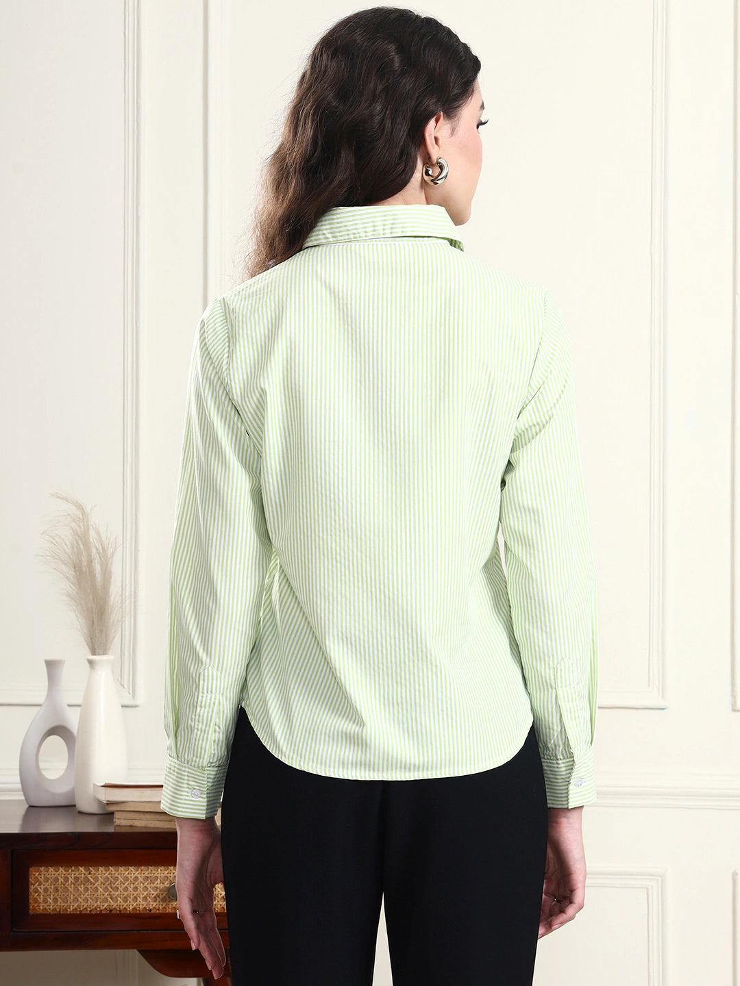Lime Green Pinstripe Casual Shirt for Women