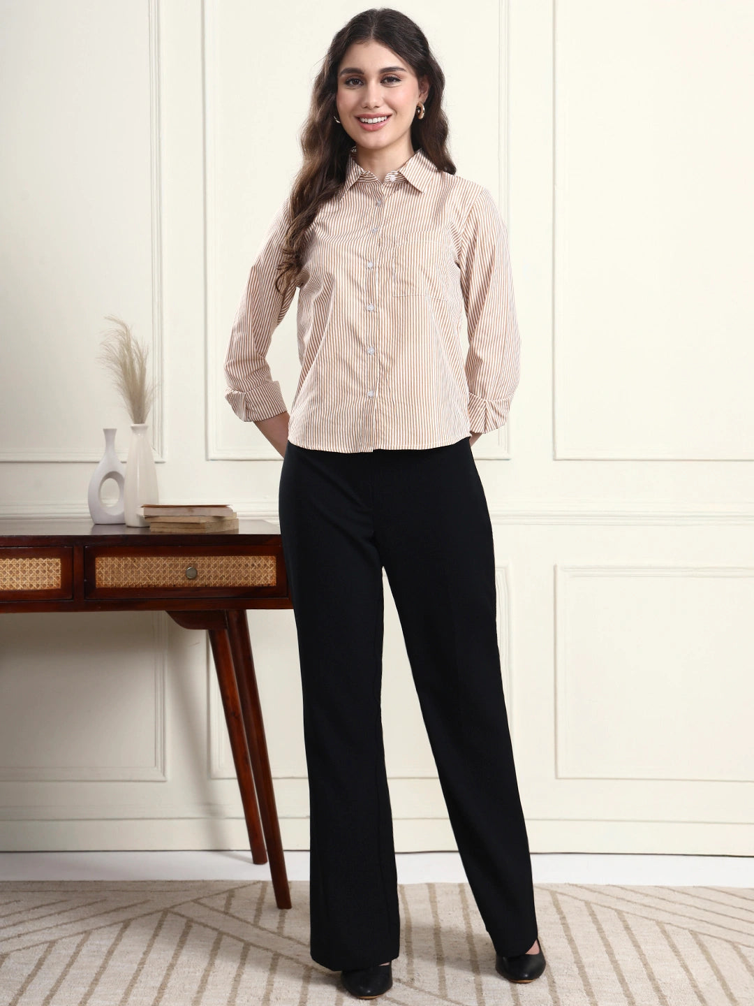 Classic Fit Camel Striped Collar Shirt