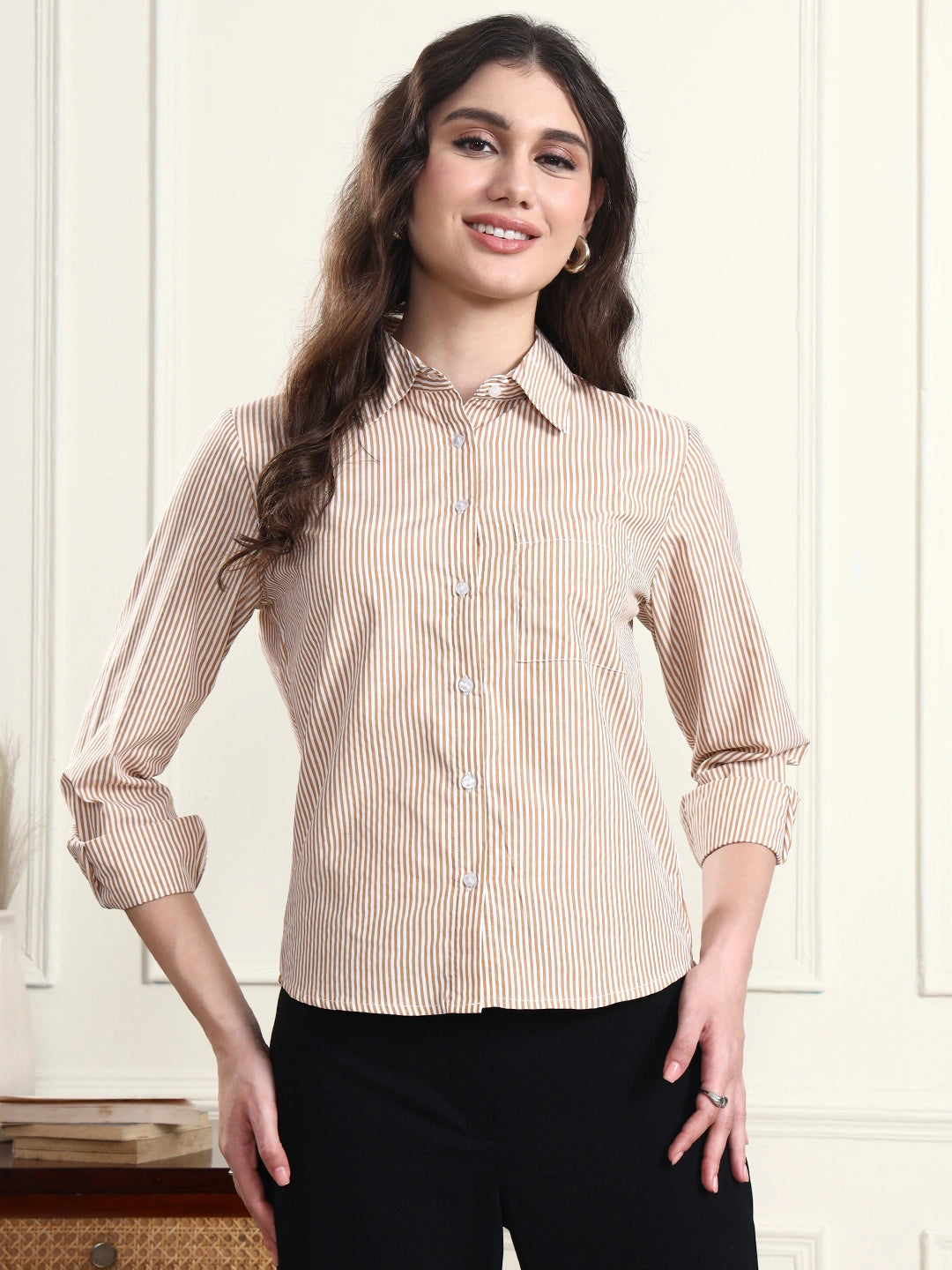 Classic Fit Camel Striped Collar Shirt
