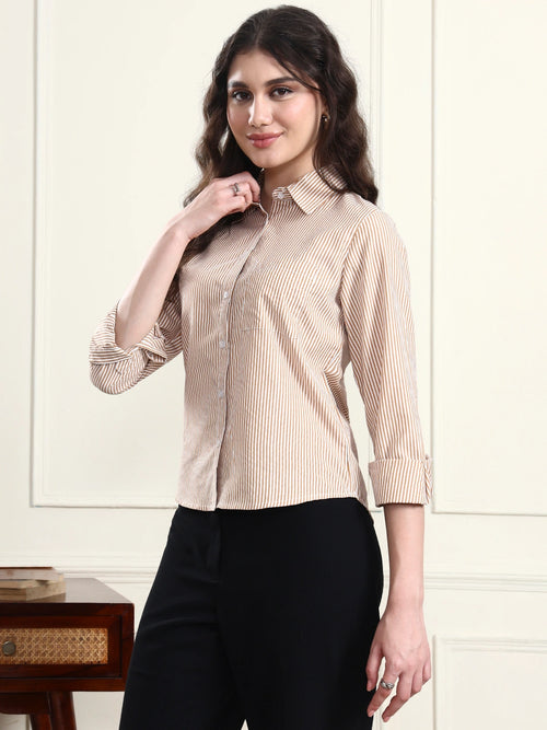 Classic Fit Camel Striped Collar Shirt