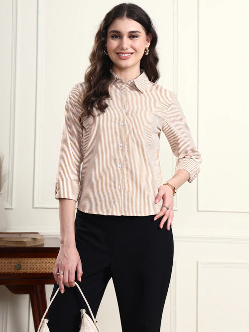 Classic Fit Camel Striped Collar Shirt
