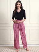 Frempy Women Pink Chevron Smocked Waist Pure Cotton Maternity Trousers