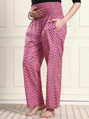 Frempy Women Pink Chevron Smocked Waist Pure Cotton Maternity Trousers
