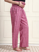 Frempy Women Pink Chevron Smocked Waist Pure Cotton Maternity Trousers