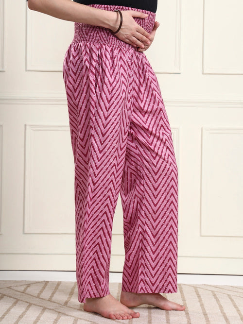 Frempy Women Pink Chevron Smocked Waist Pure Cotton Maternity Trousers