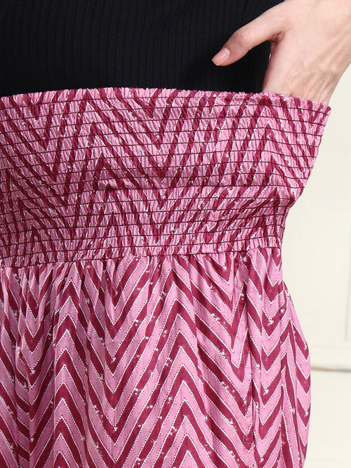 Frempy Women Pink Chevron Smocked Waist Pure Cotton Maternity Trousers