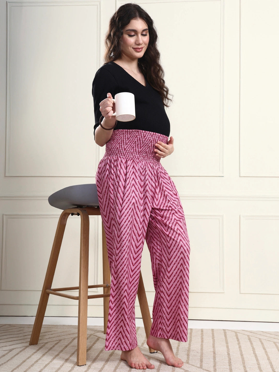 Frempy Women Pink Chevron Smocked Waist Pure Cotton Maternity Trousers