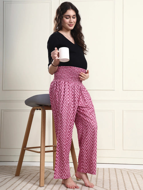 Frempy Women Pink Chevron Smocked Waist Pure Cotton Maternity Trousers