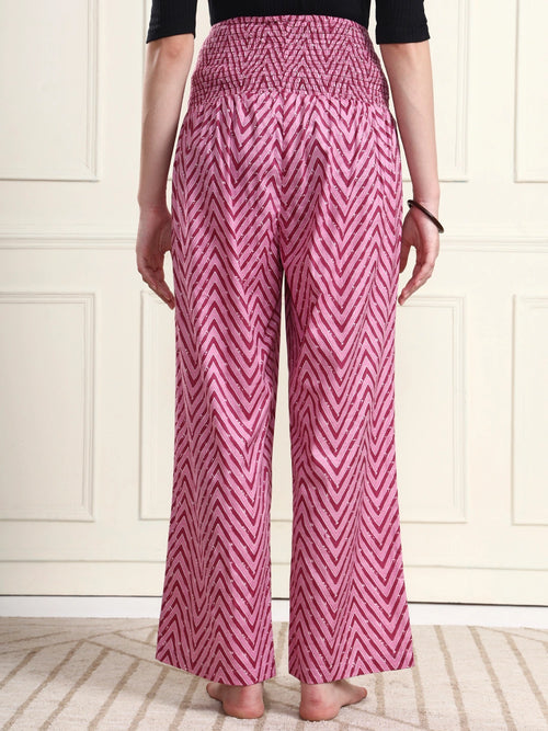 Frempy Women Pink Chevron Smocked Waist Pure Cotton Maternity Trousers