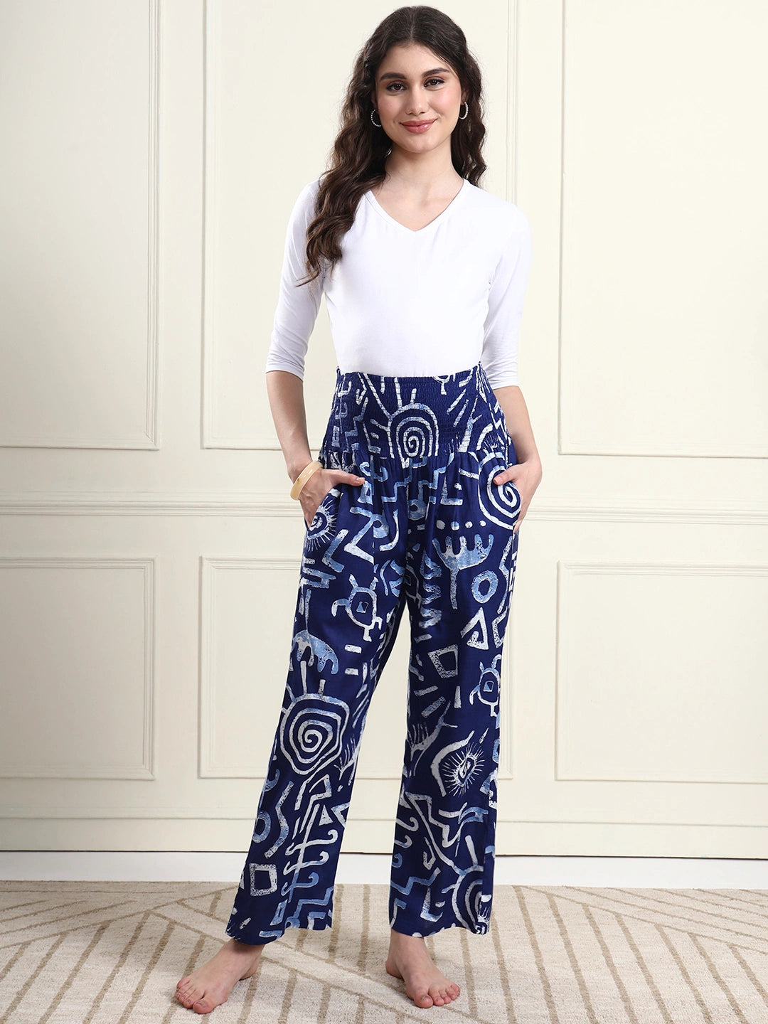 Navy Blue Abstract Print Pure Cotton Maternity Trousers