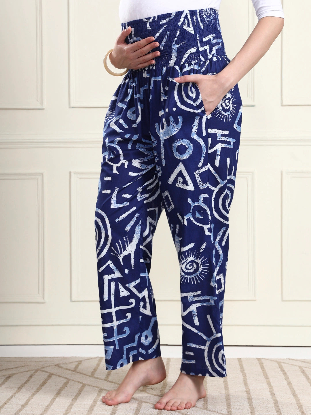 Navy Blue Abstract Print Pure Cotton Maternity Trousers