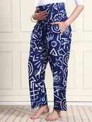 Navy Blue Abstract Print Pure Cotton Maternity Trousers