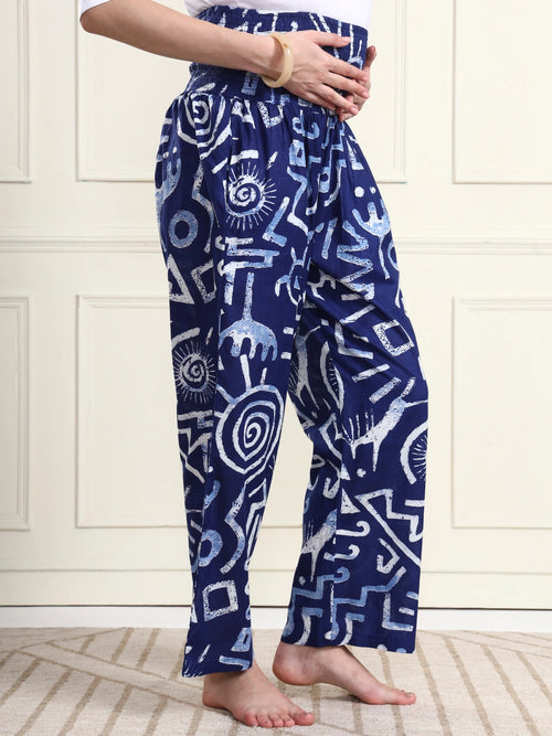Navy Blue Abstract Print Pure Cotton Maternity Trousers