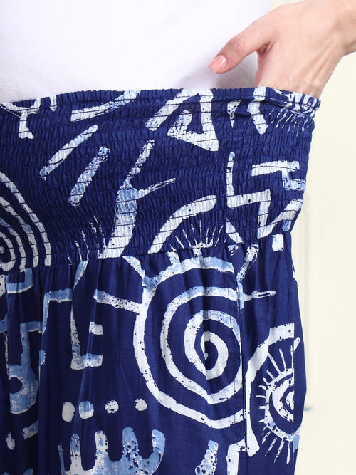 Navy Blue Abstract Print Pure Cotton Maternity Trousers