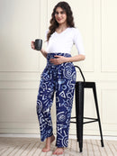 Navy Blue Abstract Print Pure Cotton Maternity Trousers
