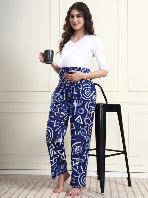 Navy Blue Abstract Print Pure Cotton Maternity Trousers