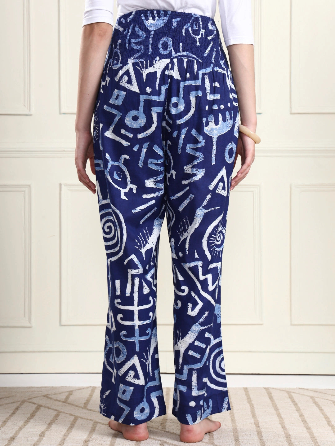 Navy Blue Abstract Print Pure Cotton Maternity Trousers