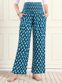 Frempy Teal Blue Leaf Print Pure Cotton Maternity Trousers